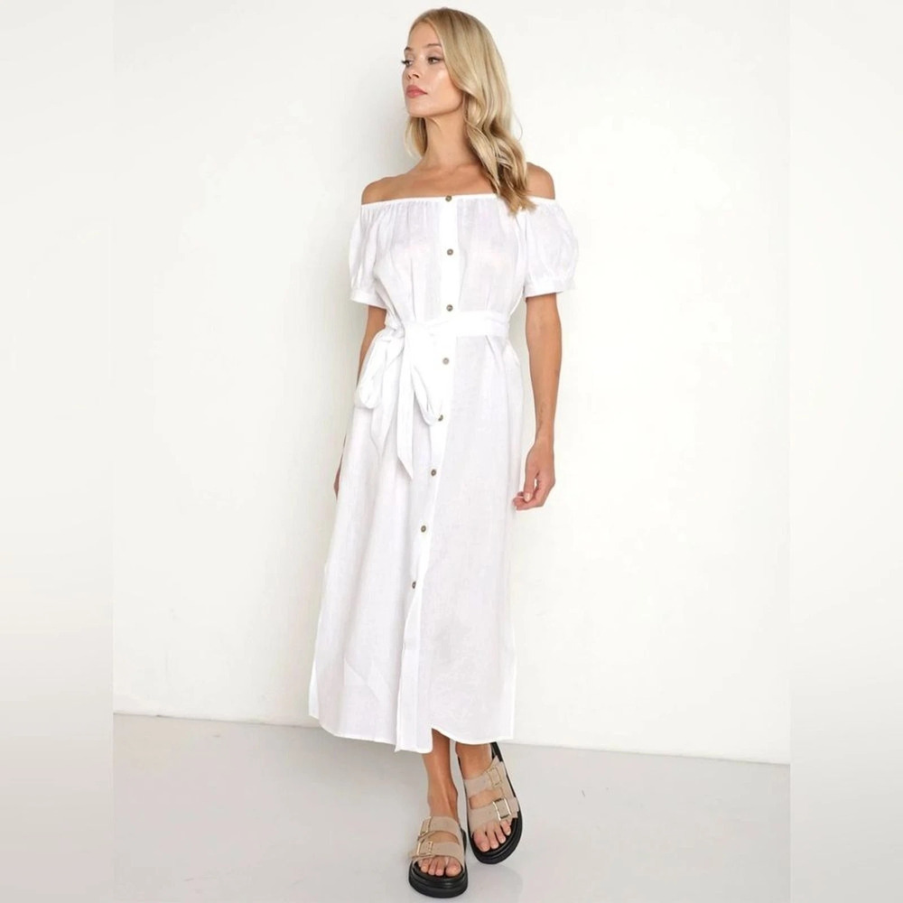 NWT Eberjey Womens 100% Linen Harper Dress Midi Button Front Belted White Size M
